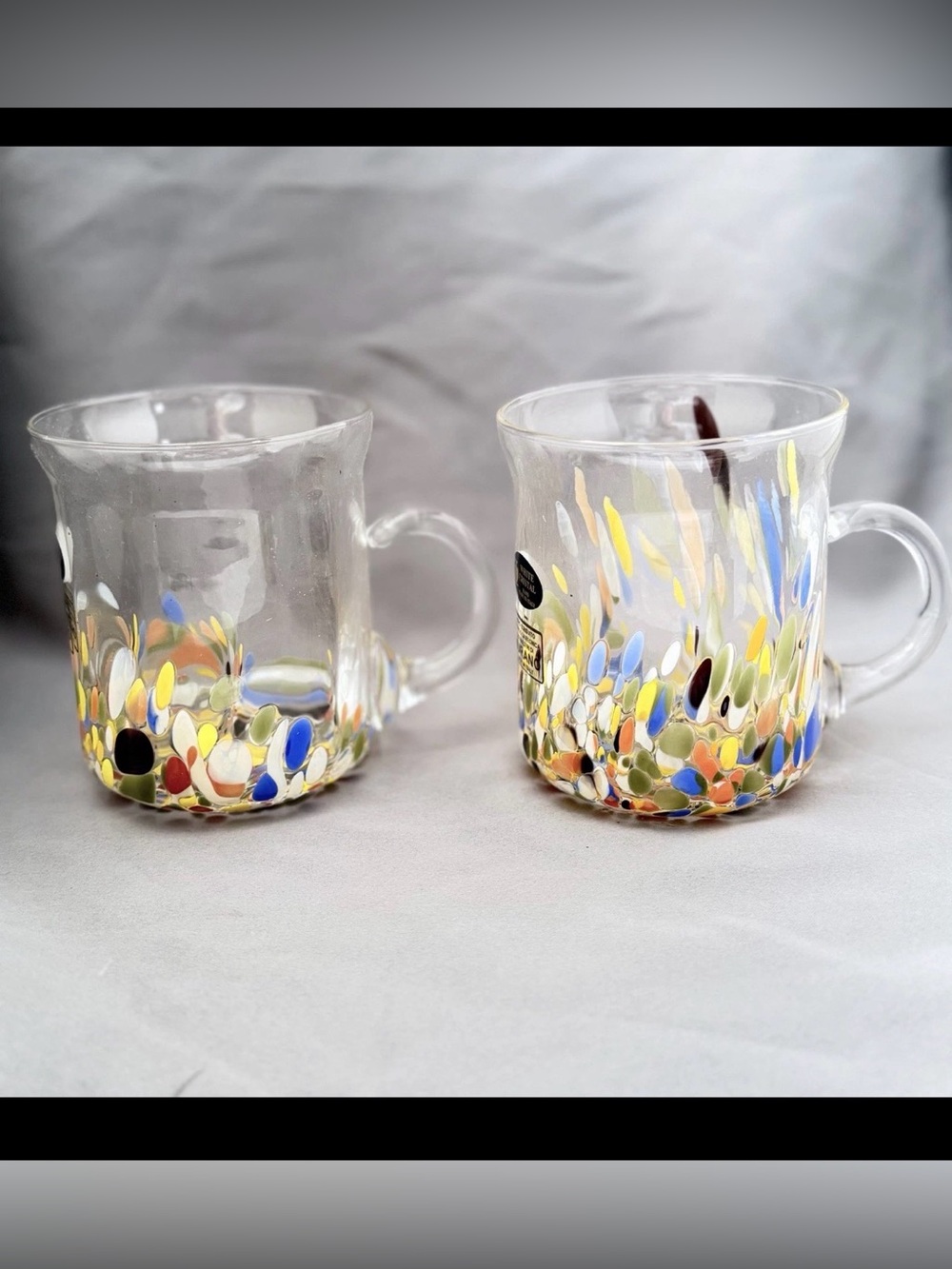 Set of 2 Murano Hand-Blown Multicolor Confetti Glass Mugs (Made In Italy) New